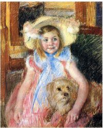 Sara in a Large Flowered Hat, Looking Right, Holding Her Dog - Mary Cassatt Oil Painting