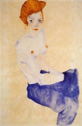 Seated Girl with Bare Torso and Light Blue Skirt - Oil Painting Reproduction On Canvas