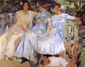 My Wife and Daughters in the Garden - Joaquin Sorollay Bastida Oil Painting