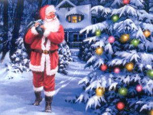 Santa Claus and Christmas Tree - Oil Painting Reproduction On Canvas