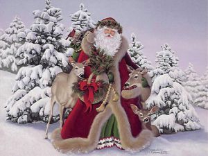 Santa Claus and Reindeer - Oil Painting Reproduction On Canvas