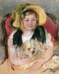 Sara with Her Dog, in an Armchair, Wearing a Bonnet with a Plum Ornament - Mary Cassatt Oil Painting