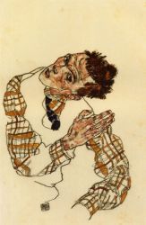 Self-Portrait with Checkered Shirt - Egon Schiele Oil Painting