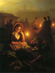 A Young Girl Selling Vegetables at the Night Market, with the Dam Palace and the Nieuwe Kerk in the Distance, Amsterdam - Petrus Van Schendel Oil Painting