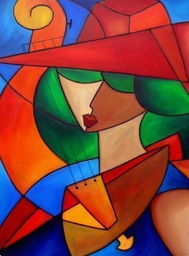 Fair lady with red hat - Cubism oil painting